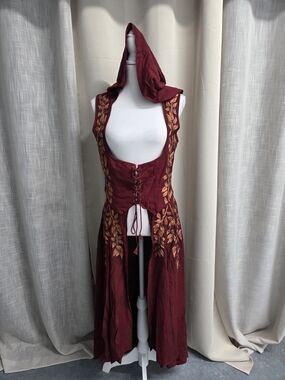 HolyClothing Tauriel Maxi Overdress Burgundy Hood Gold Embroidered LARP Size M